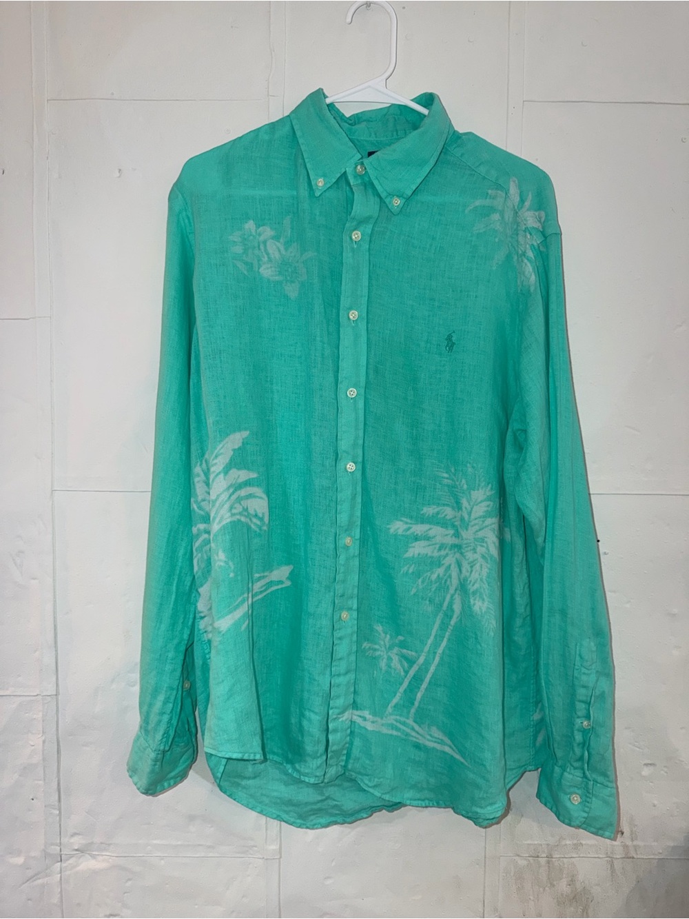 Ralph Lauren Teal Palm-Print 100% Linen Button-Down Shirt